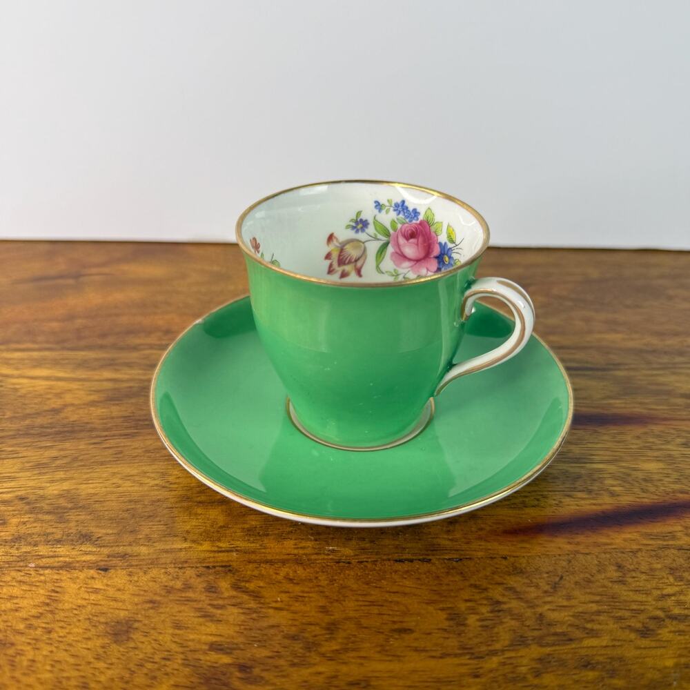 Vintage Aynsley England China Tea Cup and Saucer Green